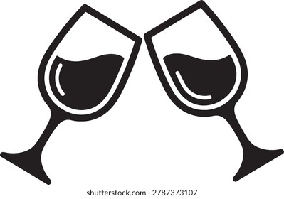 Two wine glasses toasting. Symbolizes celebration, cheers, and good times. Perfect for parties, events, or festive designs. Isolated graphic.