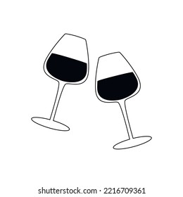 Two wine glasses vector flat drawing illustration. Hand drawn linear silhouette icon. Minimal design element for print, banner, card, wall art poster, brochure, postcard.