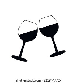 Two wine glasses vector flat drawing illustration. Hand drawn silhouette icon. Minimal design element for print, banner, card, wall art poster, logo.