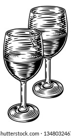 Two Wine Glasses Vintage Etching Or Engraving Retro Style Woodcut Illustration