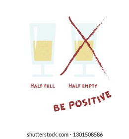 Two wineglasses. Glasses with wine, juice, drink. Half full. Half empty. Be positive. Flat colored vector illustration