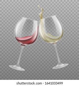 Two wineglasses with red and white wine, realistic vector illustration mockup isolated on transparent background. Alcohol drink splashing in glasses template.