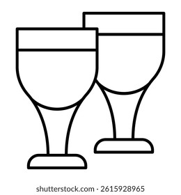 Two wineglasses thin line icon, holiday concept. Vector graphics. Champagne glasses, drink sign on white background, linear style for mobile or design