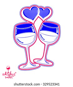 Two wineglasses vector artistic illustration,?? wedding couple conceptual graphic object. Celebration theme,?? stylized goblet with loving hearts and beautiful ribbon.