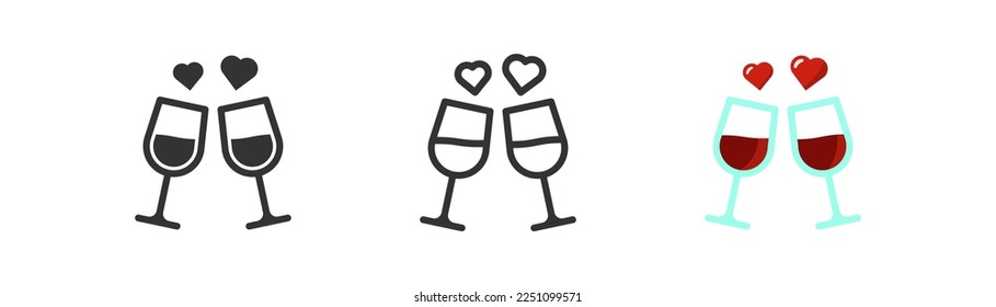 Two wineglasses with wine, and with hearts icon. Celebrating, love symbol. St. Valentine's day concept. Red wine and hearts signs. Outline, flat, and colored style.  Flat design. Vector illustration