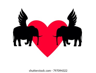 Two winged elephant. Reflection. Elephant Icon.Elephants vector. Two elephant isolated on heart background. Template for Valentine's day.