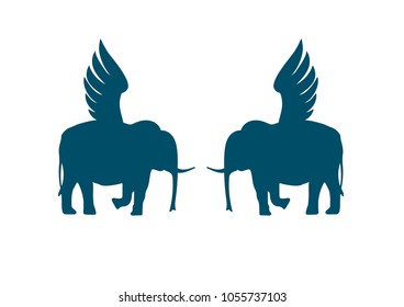 Two winged elephants, hand drawn vector illustration isolated on white, logo, t-shirt design.