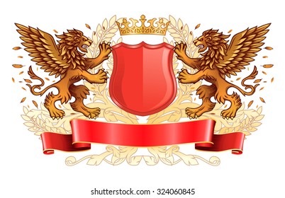 Two Winged Golden Lions Holding Shield with Crown and Banner