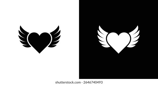 Two winged heart icons presented, one black on a white background, the other white on black. The pair provides a bold, clean graphic element representing love.