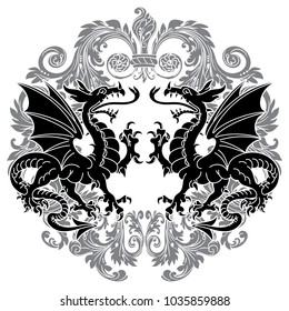 Two winged heraldic dragon and Victorian pattern, isolated on white, vector illustration