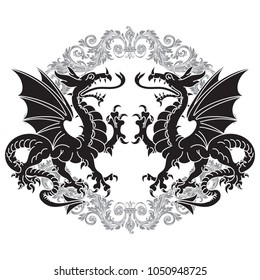 Two winged heraldic dragon and Victorian pattern, isolated on white, vector illustration