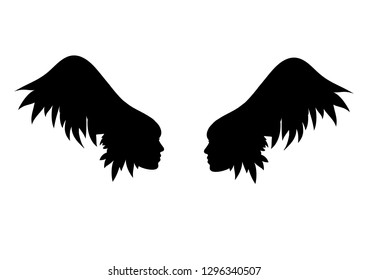 Two wings with human faces. Angel vector. Wings tattoo.