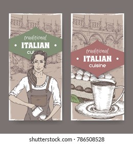 Two wintage labels with barista, Ilalian patio, coffee cup and color tiramisu. Great for bakery and restaurant, cafe ads, brochures, labels.