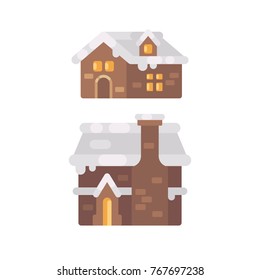 Two winter house covered with snow. Christmas gingerbread houses flat illustration