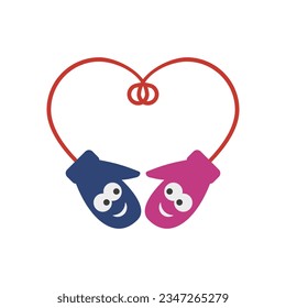 Two winter mittens with cartoon faces connected by a thread in the shape of a heart. Color vector.