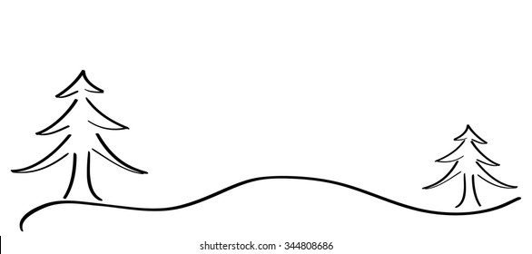 Two winter pines as black and white display with a few lines in a landscape.