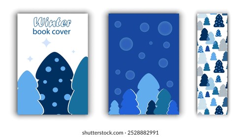 Dos portadas de libros temáticos de invierno y un marcador. Bosque de cuento de hadas brillante, abetos. Diseño de Vector.