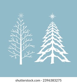 Two winter trees and Chistmas trees with snow on isolated blue background