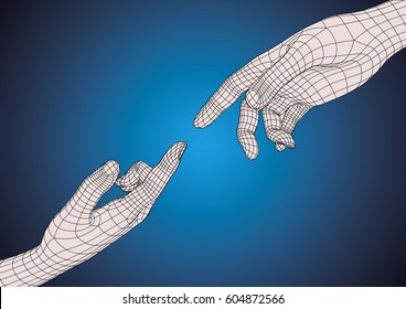 Two Wireframe Futuristic Human Hands Pointing One Each Other As Imitation Of Michelangelo Hands Of God And Adam In Sistine Chapel. Technology And Creationism Metaphoric Concept