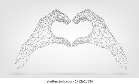 Two wireframe hands folded heart from fingers, gesture of friendship and love