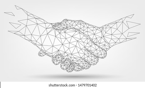 Two wire-frame hands, handshaking, partners, friendship or business partnership, technology, business, trust concept