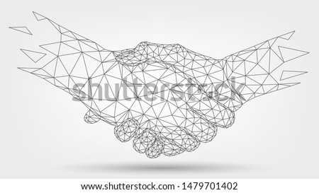 Two wire-frame hands, handshaking, partners, friendship or business partnership, technology, business, trust concept