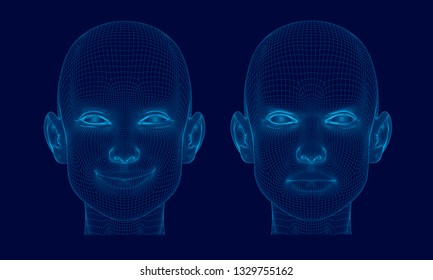 Two wireframe of the head of the girl from the blue lines on a dark background. Polygonal girl heads with a smile and anger on her face. 3D. Vector illustration