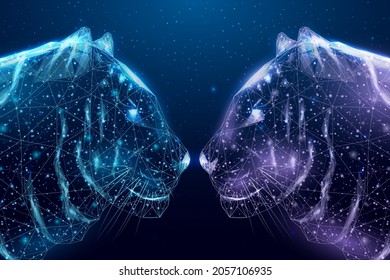 Two wireframe polygonal heads tiger  Concept and glowing low poly tigers  Futuristic modern abstract background  Vector illustration 