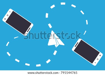 Two wireless connected smartphones and paper plane on blue background. Concept illustration of mobile messenger, comunication. Vector illustration.
