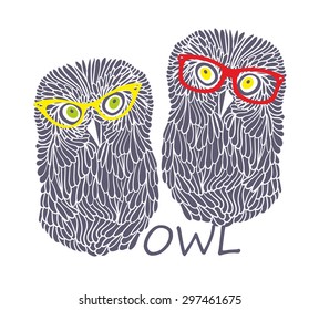 Two wise owls. Vector illustration of hipster animals.