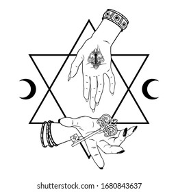 Two witch hands with key and lock over the six pointed star line art boho chic tattoo, poster, tapestry or altar veil print design vector illustration