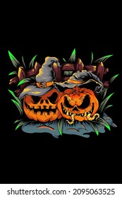 Two witch pumpkins with garden vector illustration