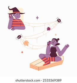 Duas Bruxas Comunicando-Se Através De Cobweb Phone Em Ilustração De Vetor Plano Simbolizando Diversão De Halloween, Conexão E Amizade, Isolado Em Fundo Branco