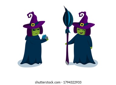 Two witches in hats with broom and spider. Spooky but happy Halloween characters. Vector illustration for Halloween party.