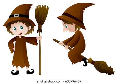 Two witches with magic broomstick illustration