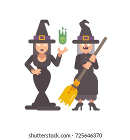 Two witches in pointy hats. Young witch casting a spell. Old hag with a broomstick. Halloween character flat illustration