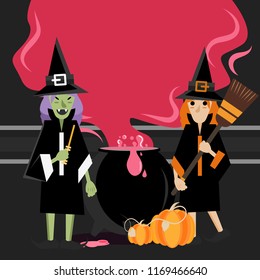 two witches standing around Cauldron with steam