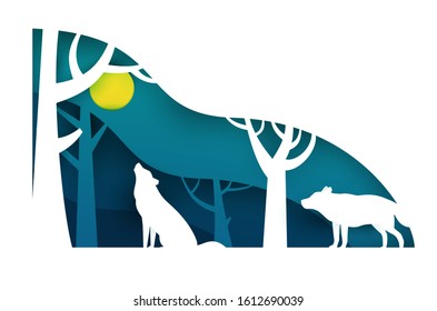 Two wolf in night forest. Paper cut trendy craft cartoon style. Minimalistic creative modern design for advertising, branding background greeting card, cover, poster, banner. Vector illustration.