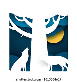 Two wolf in night forest. Paper cut trendy craft cartoon style. Minimalistic creative modern design for advertising, branding background greeting card, cover, poster, banner. Vector illustration.