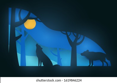 Two wolf in night forest. Paper cut trendy craft cartoon style. Minimalistic creative modern design for advertising, branding background greeting card, cover, poster, banner. Vector illustration.