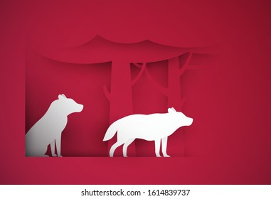 Two wolf on red forest in paper cut trendy craft cartoon style. Minimalistic creative modern design for advertising, branding background greeting card, cover, poster, banner. Vector illustration.