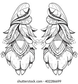 Two wolf paws. Shaman talisman for good luck. Sketch of tattoo outline drawing.