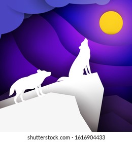 Two wolf standing on mountain in paper cut trendy craft cartoon style. Minimalistic creative modern design for advertising, branding background cover, poster, banner. Vector illustration.