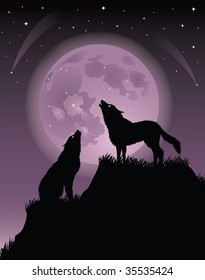 Two wolfs standing on a hill and howling at a full moon.