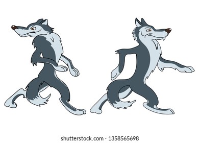 Two Wolves Cartoon Characters Follow Each Stock Vector Royalty Free 1358565698