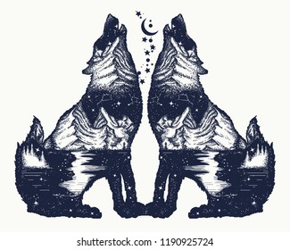 Two wolves double exposure tattoo and t-shirt design. Symbol tourism, travel, adventure, outdoor 