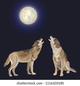 Two wolves howling at the moon. Vector illustration isolated on dark background