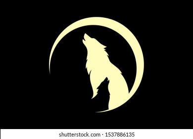 Two Wolves Are Howling with the Moon Vector Design