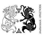 Two wolves of Odin - Geri and Freki, Scandinavian and Celtic style, isolated on white, vector illustration