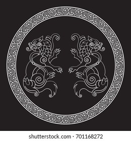 Two wolves of Odin - Geri and Freki, Scandinavian and Celtic style, isolated on black, vector illustration